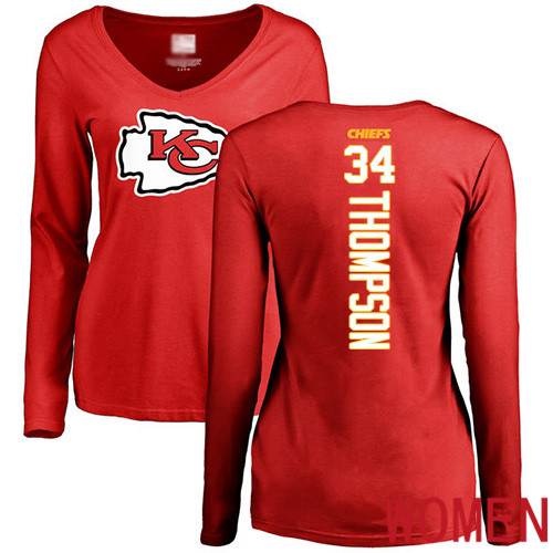 Women Football Kansas City Chiefs #34 Thompson Darwin Red Backer Slim Fit Long Sleeve T-Shirt